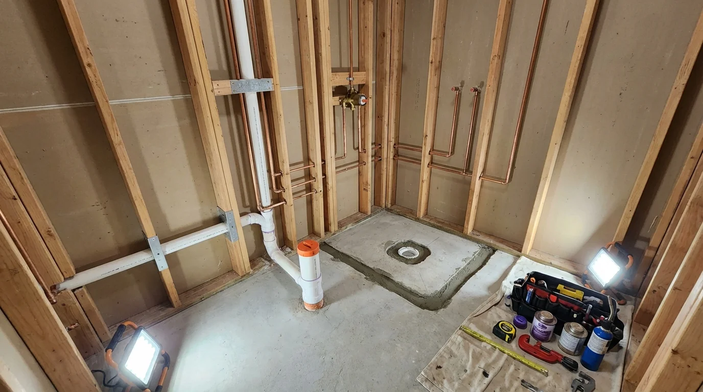 Bathroom rough-in plumbing during remodel by Johns Plumbing LLC in Gurnee