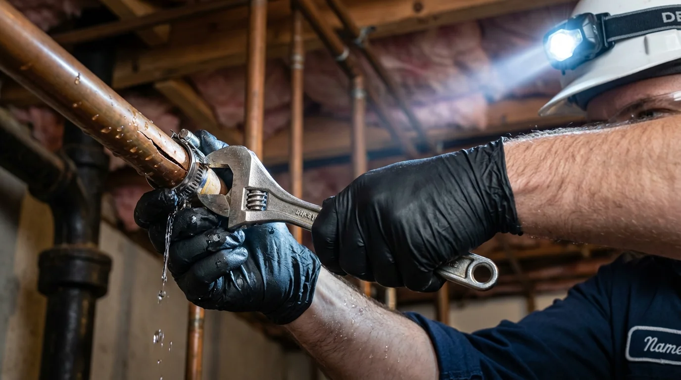 Emergency pipe clamp repair being performed by a Johns Plumbing LLC plumber in Gurnee