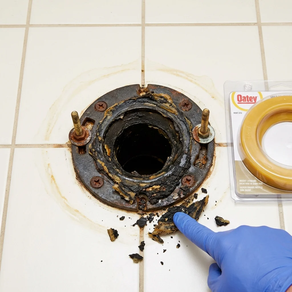 Failed wax ring showing water seepage at the base of a toilet in a Gurnee, IL home