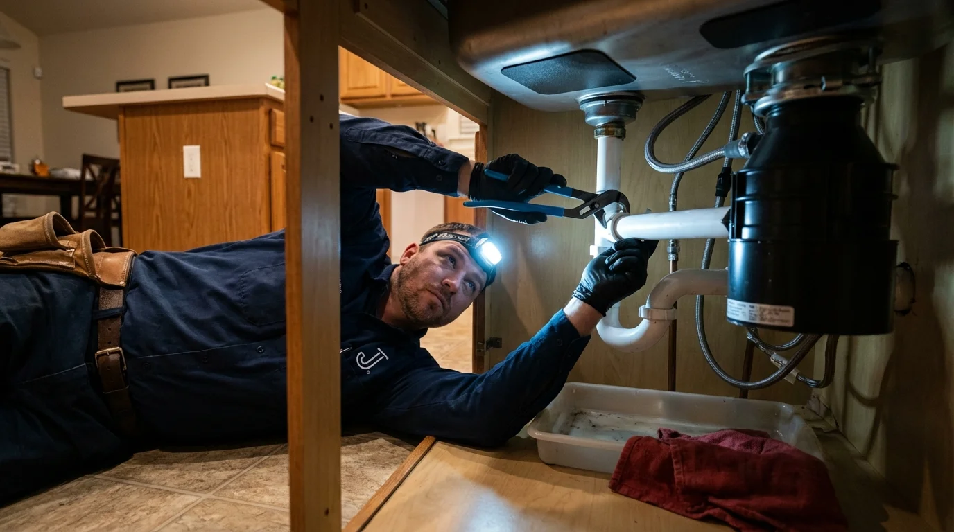 P-trap and supply line connections under a kitchen sink showing a common leak point in Gurnee, IL